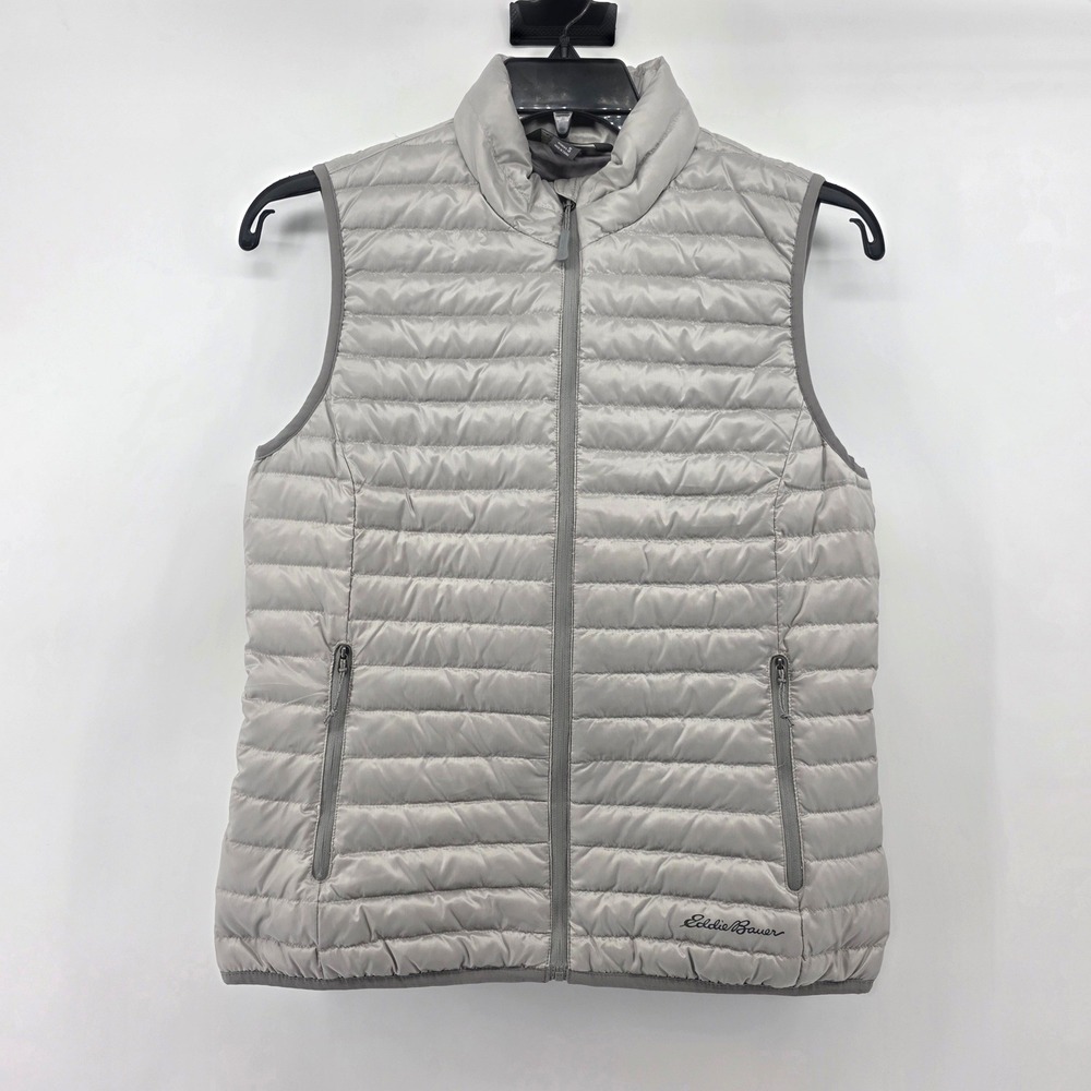 Eddie Bauer Women Gray EB700 Down Puffer Vest Small Full Zip Quilted Mock Neck